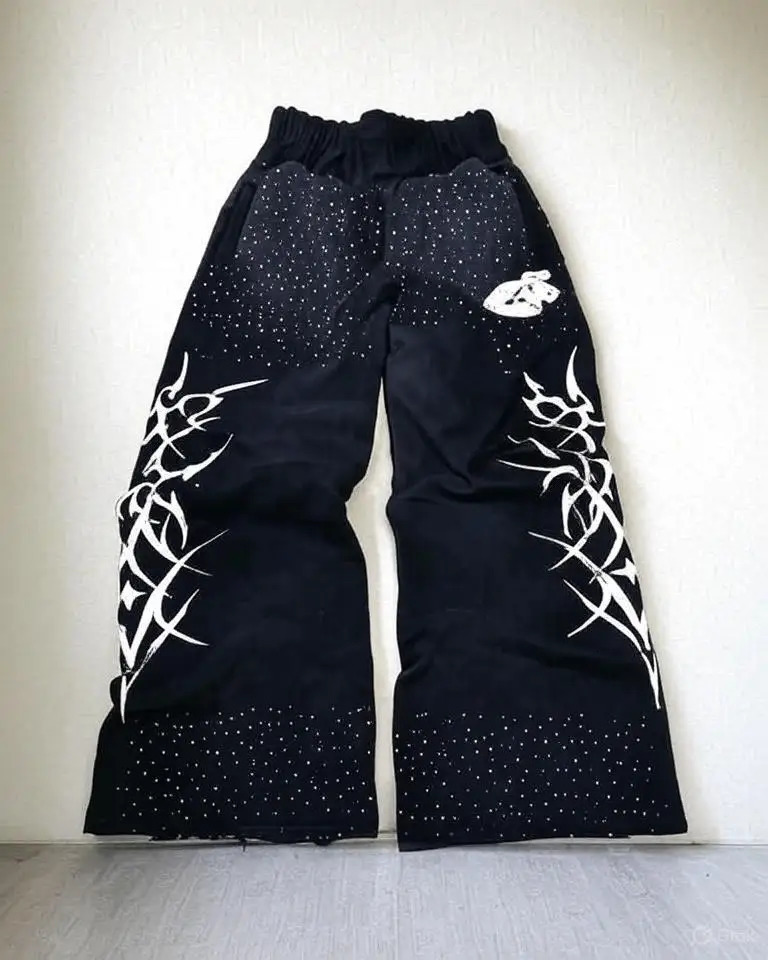 American Retro Sequined Rhinestone Sweatpants Y2K Clothes Mens Hip Hop Pattern Washed Baggy Pants Drawstring Jogging Trousers 251217