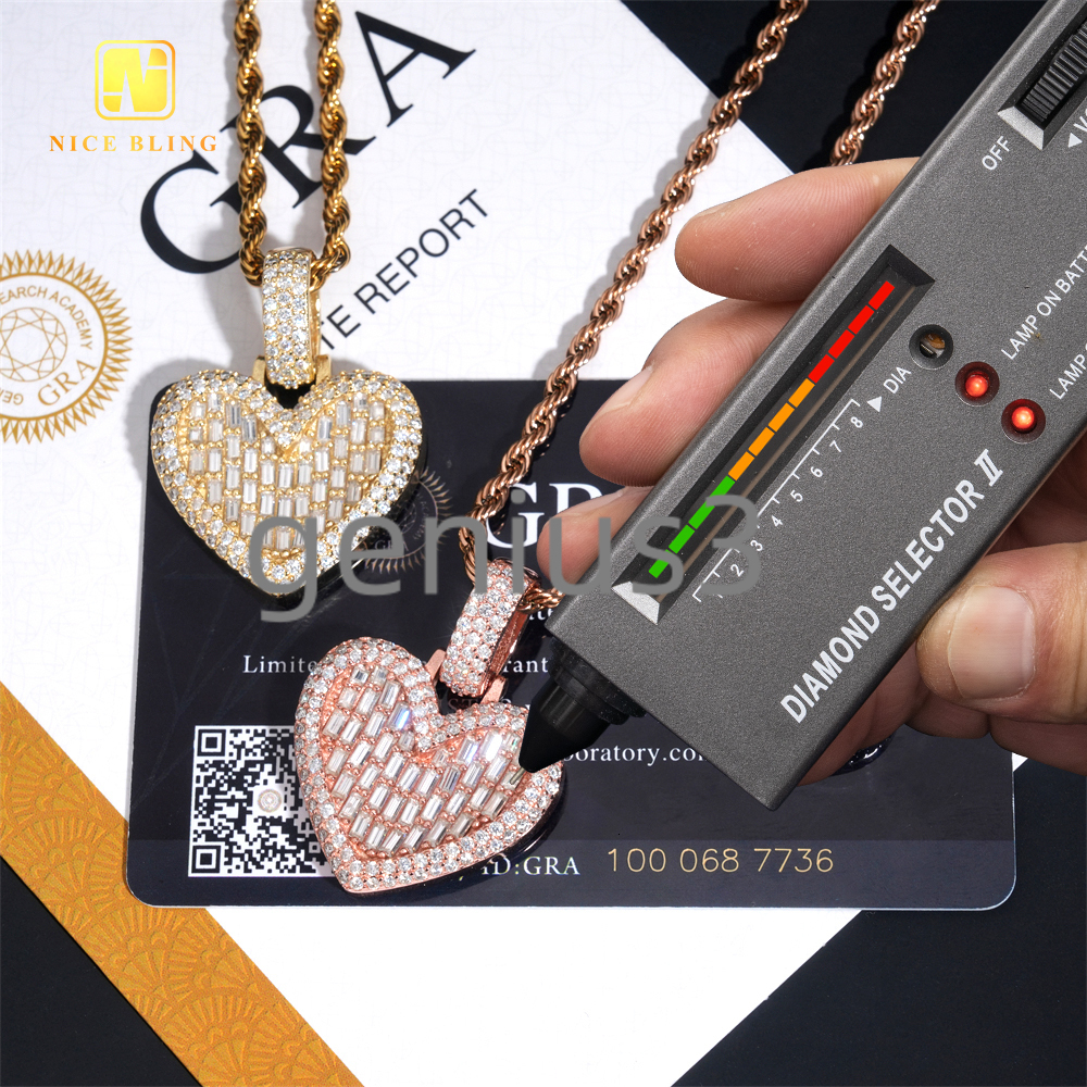 Ready to Ship Valentines Day Gift Heart Pendant Moissanite Pendant Baguette Pass Diamond Tester Hip Hop Iced Out Pendant