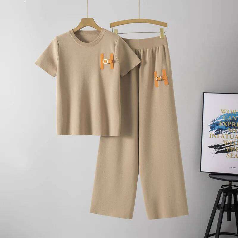 Lazy Fashion Suit Summer New Style Women's Short Sleeved Casual Sports Wide Leg Long Pants Two-Piece Set Trendy Pant Sets