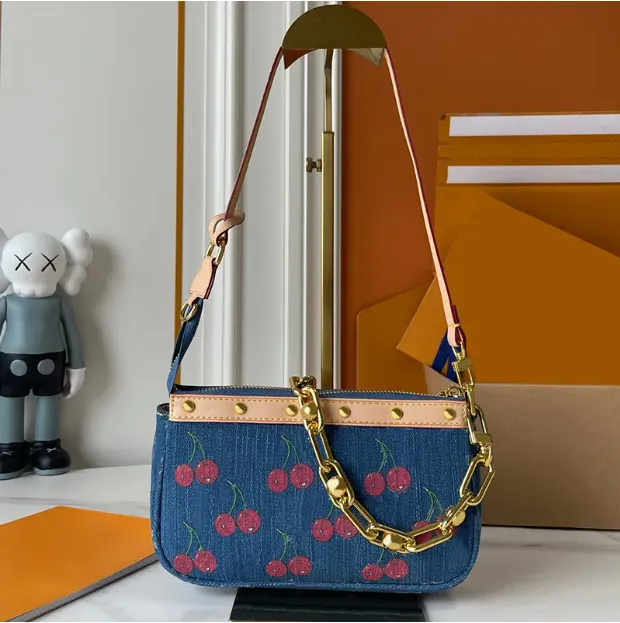 Luxury vintage takashi murakami bag cherry women luxurys designer bags denim totes handbag pochettes wallets purse messenger chain crossbody