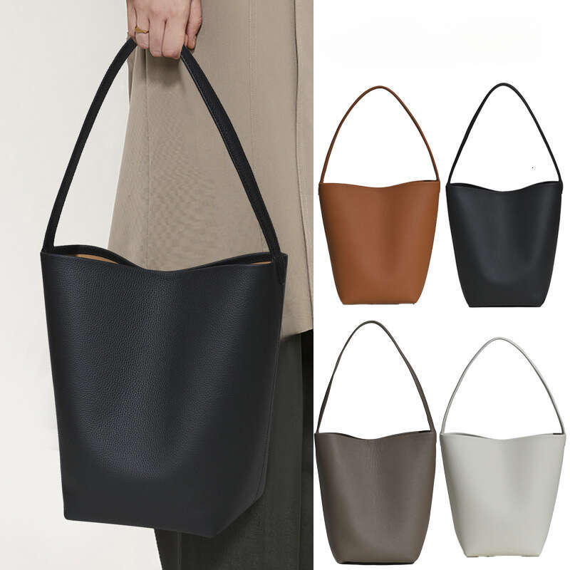 THE R LOGO Genuine Leather Large Capacity Bucket Lychee Grain Cowhide Commuter Tote Single Shoulder Handbag Casual Bag For Women