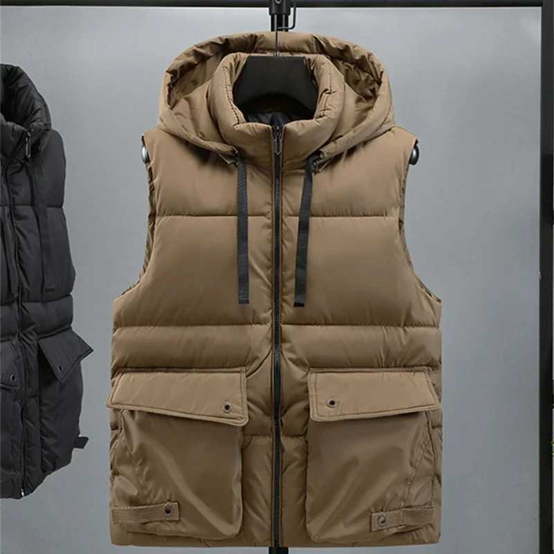 Mens Hooded Vest Winter Zipper Warm Stand Collar Waistcoat Men Cotton Padded Sleeveless Jackets with Big Pockets 2025G251218