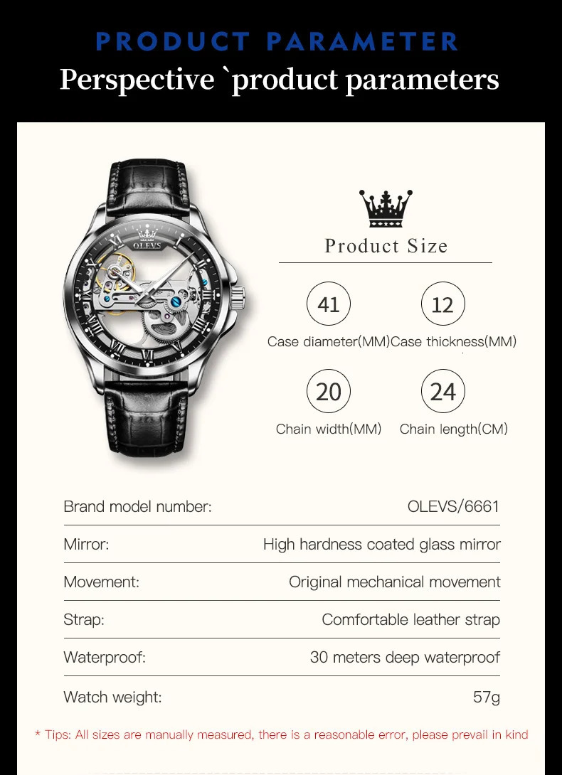 OLEVS 6661 Full Transparant Skelton Flywheel Automatic Mechanical Mens Watch Leather Strap Original Man Wristwatch 251217
