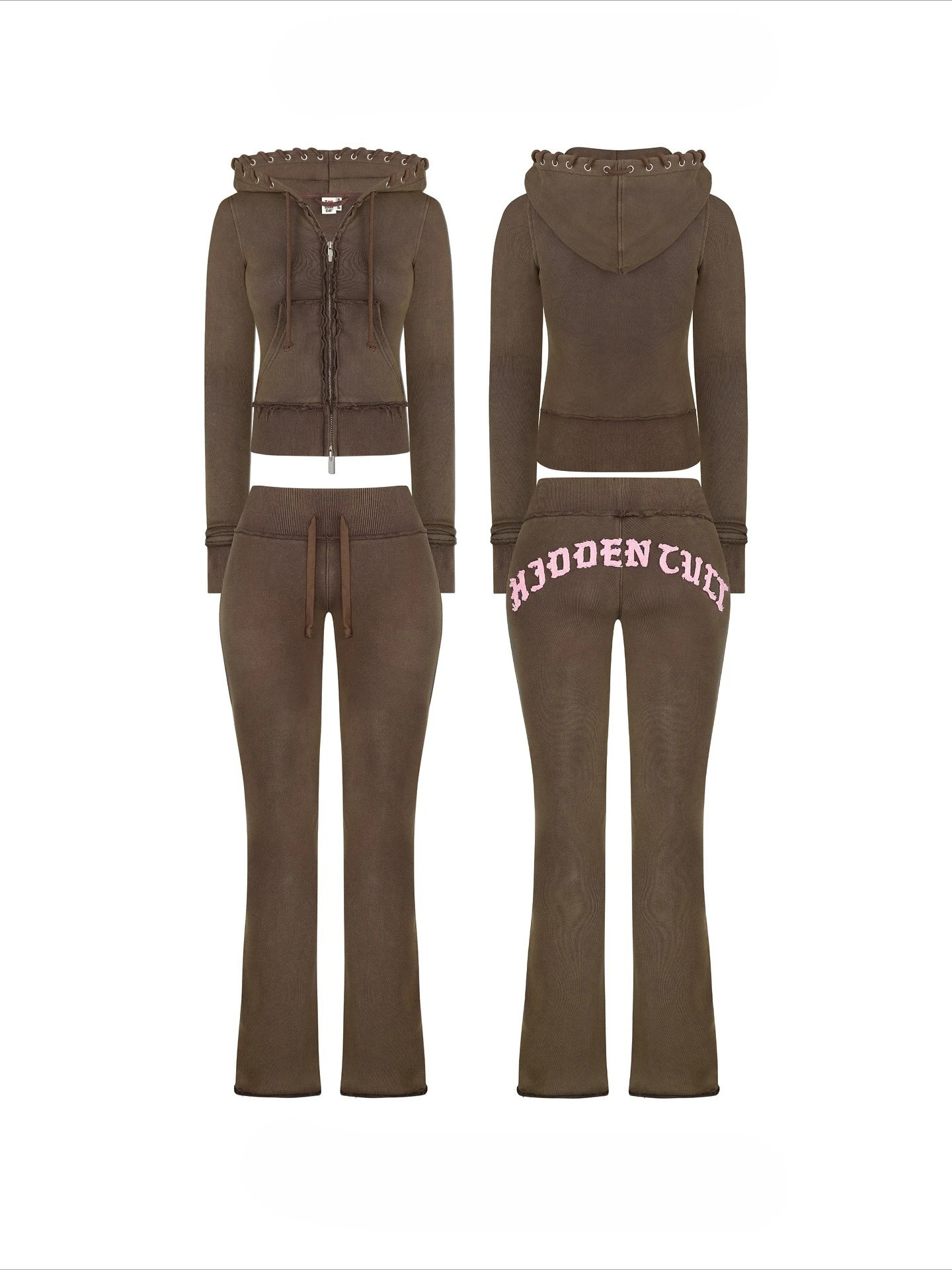 Fashion Y2K Brown Patch Letter Sportswear Two Piece Aesthetic Suit Casual Retro n Hat Short Hoodie Streetwear Sports Pants 251211