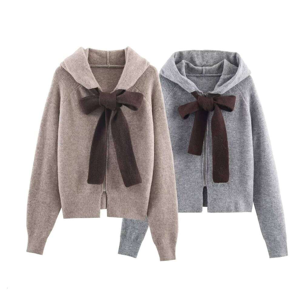 2025 Winter New Women's Casual Fashionable Simple Long-Sleeved Hooded Knitted Cardigan With Bow Decoration