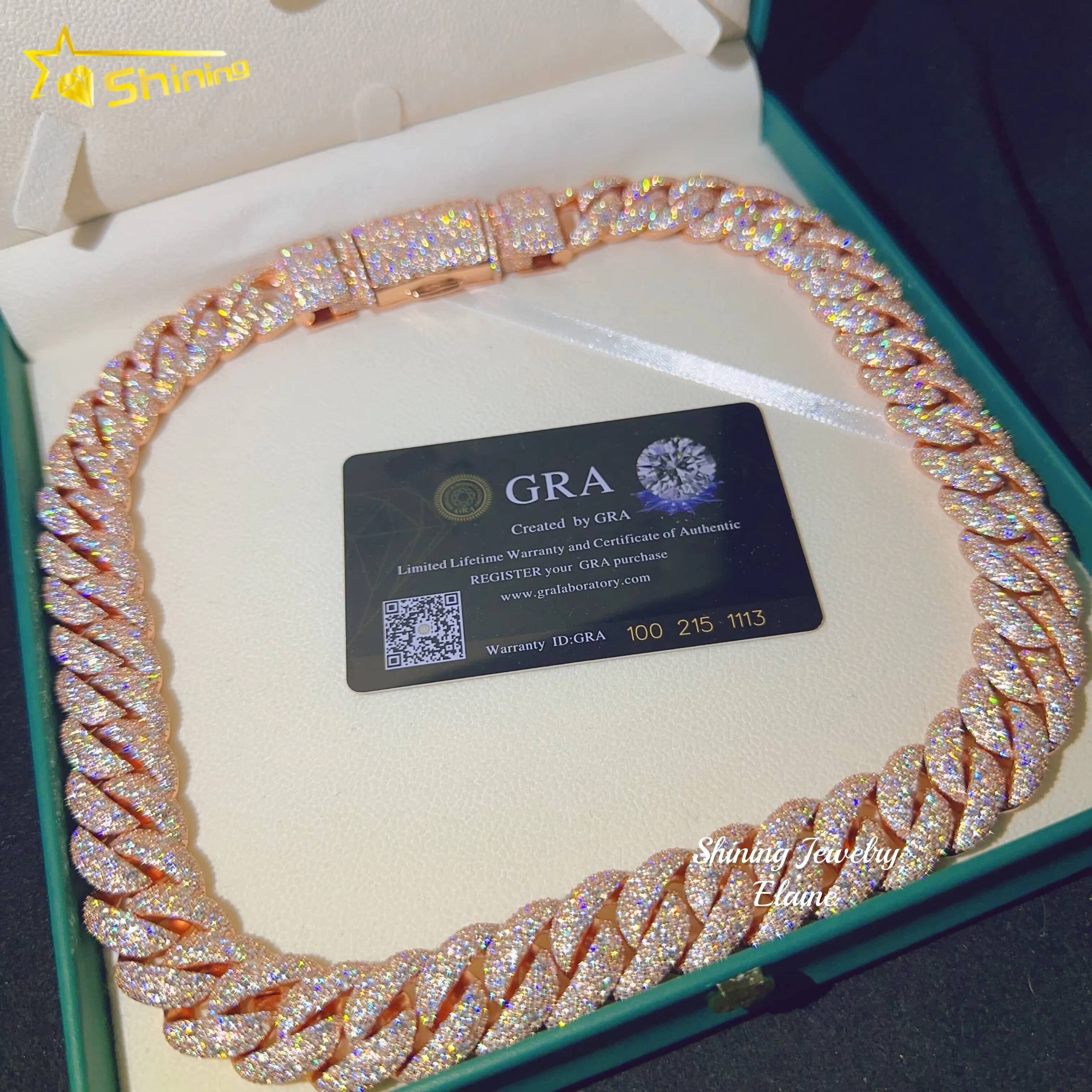 Pass Diamond Tester Vvs Moissanite Diamond 18MM Chain 925 Sterling Silver Iced Out Rose Gold Plated Cuban Link Chain