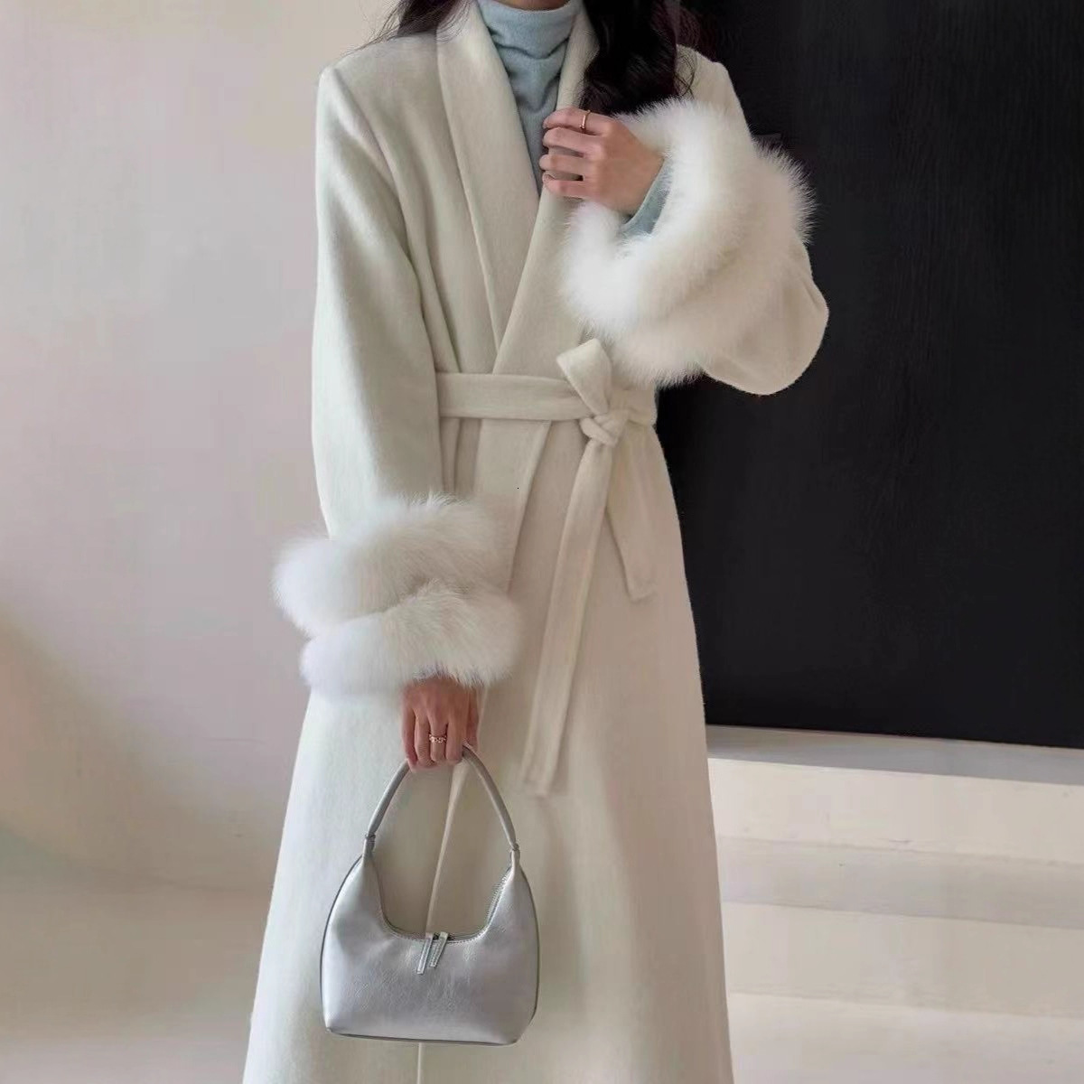 Double Layer Fox Sleeve Fur Double-Sided Wool Coat for Women Autumn and Winter High-End Elegant Woolen Jacket Rich Lady Style 251106