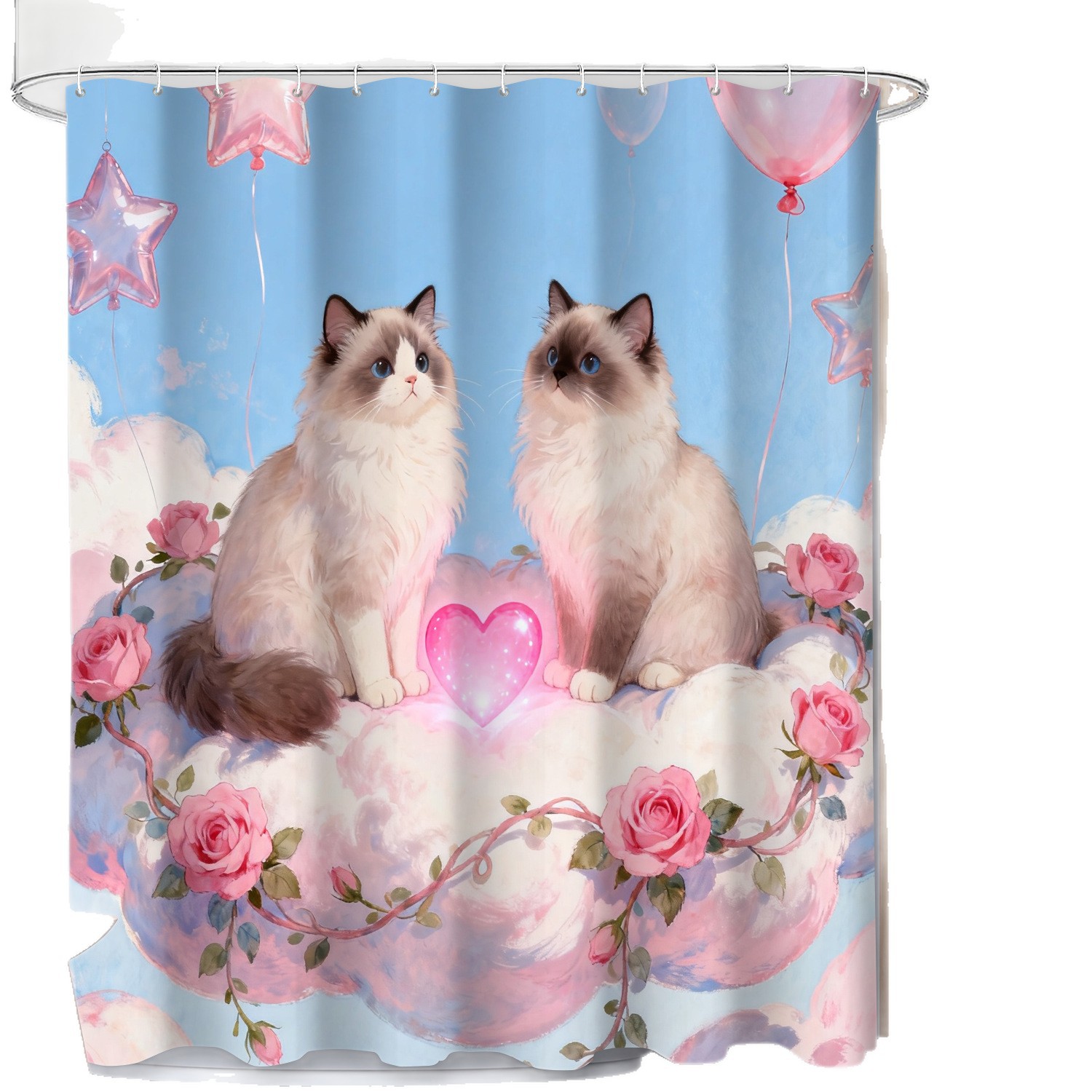 YL-37989 Valentine's Day Cute Animal Shower Curtain, 3D Digital Printed Polyester Shower Curtain, No Drill Required