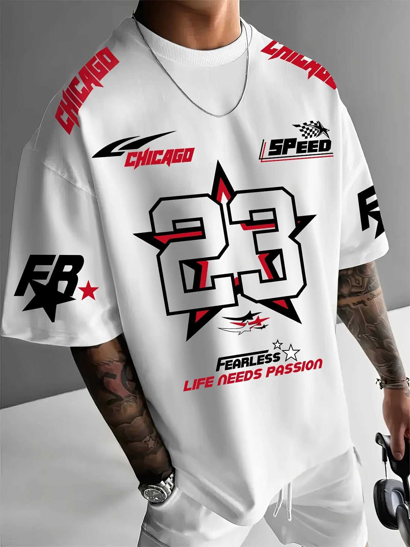 New Summer Mens Chicago Black Red and White Printed 23 Pattern Round Neck Breathable Casual T-shirt Loose Outdoor Top X251218