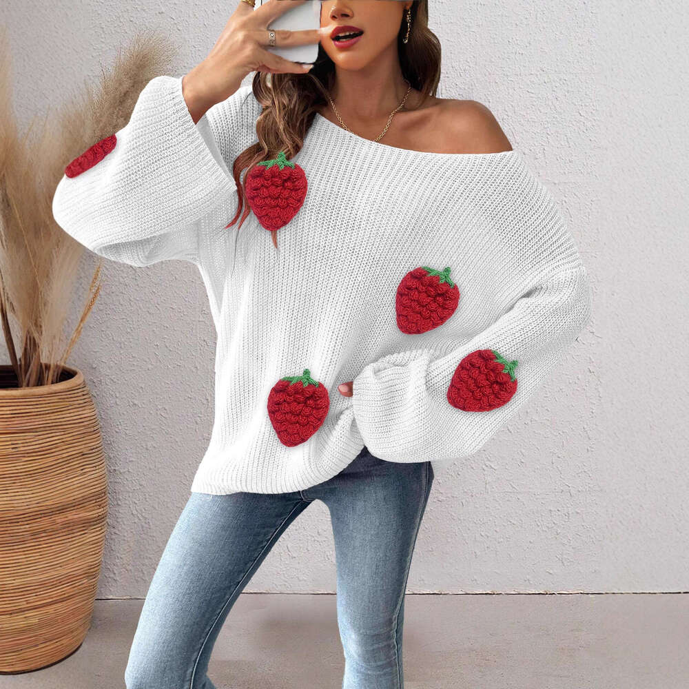Designer Women's Pullover Cross-Border European And American Fashion Strawberry 3D Patchwork Loose Off-Shoulder Bell Sleeve Sweater 358d 56d8