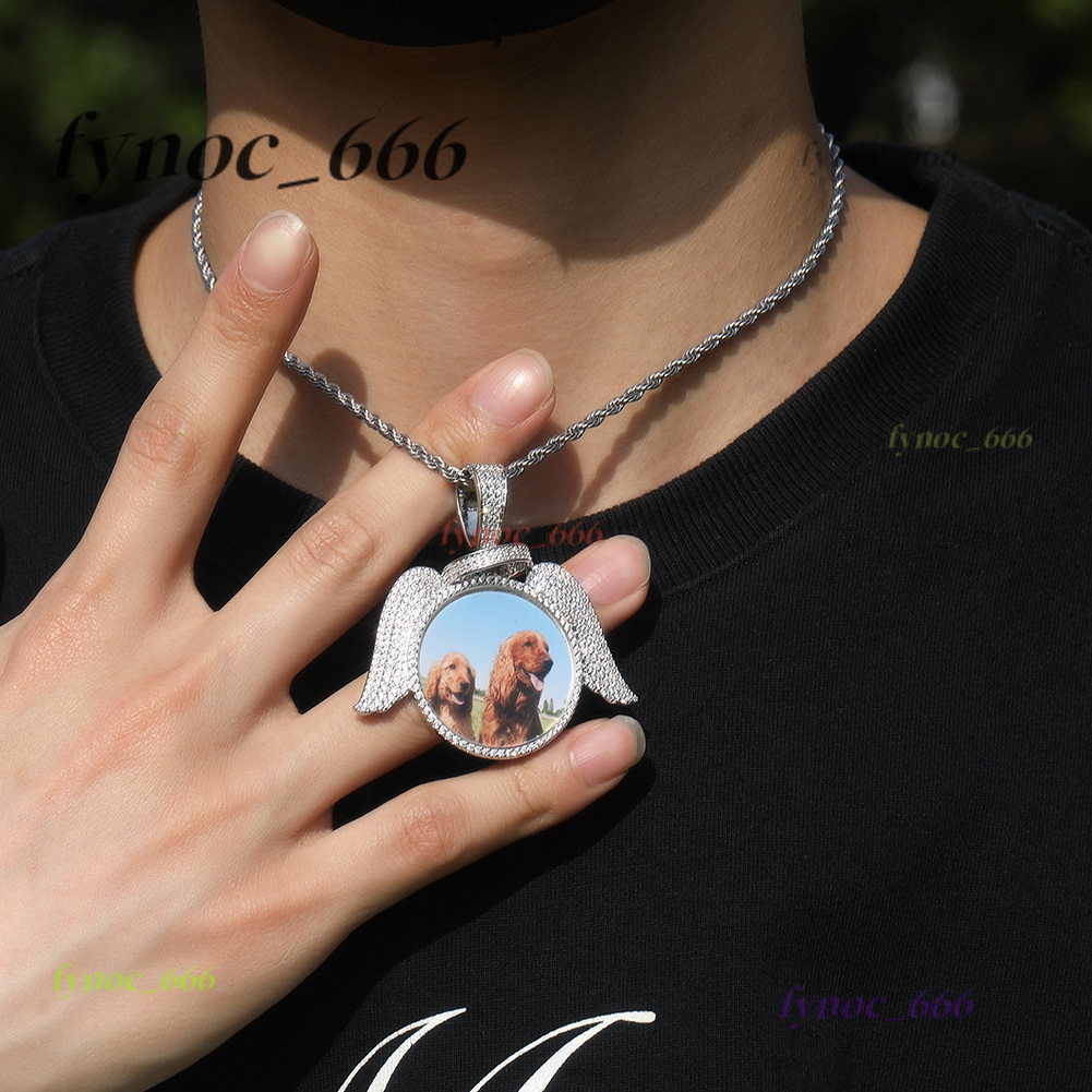 Personalized Angel Wing Pendant Jewelry for Photos - Hip Hop Design with Sparkly 5A CZ Stones