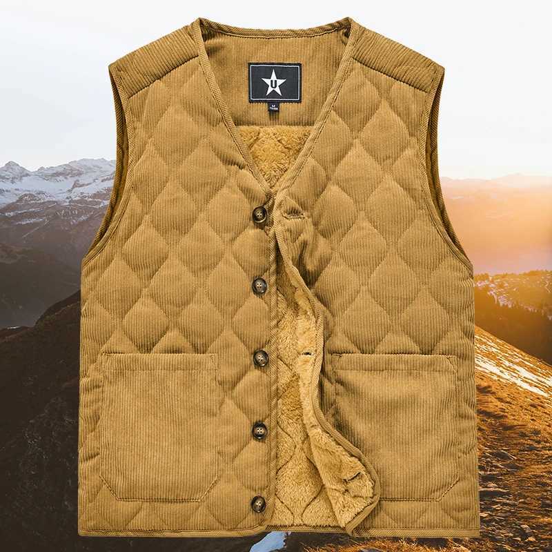 Autumn Winter Padded Warm Vest Mens Check Shoulder Undershirt Workwear Corduroy V-neck Jackets Men Clothing Large SizeG251218