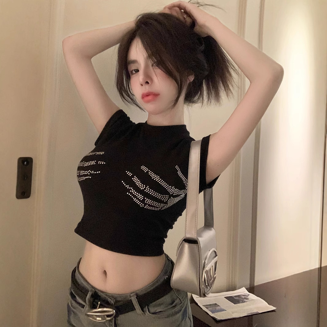 Spicy Girl High Street Rhinestone Short Sleeve T-Shirt Women Summer Sexy Petite Casual Versatile Tight Short Crop Top 210524