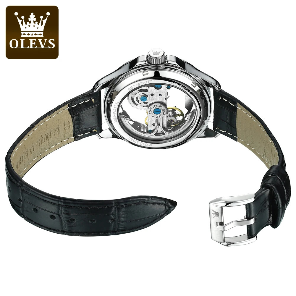 OLEVS 6661 Full Transparant Skelton Flywheel Automatic Mechanical Mens Watch Leather Strap Original Man Wristwatch 251217