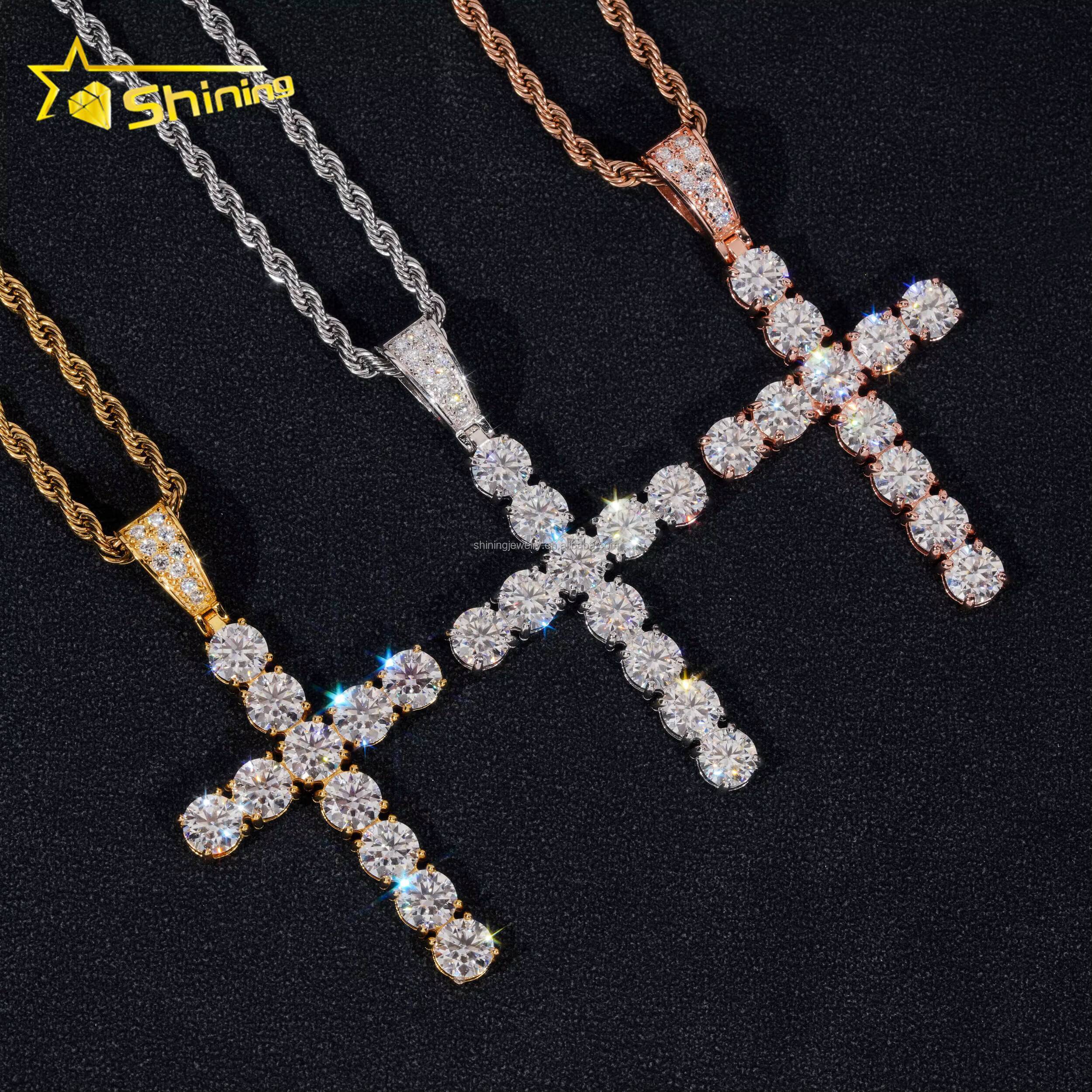 Bulk Stock Man Gift Hot Selling GRA Certified 925 Sterling Silver Gold Plated VVS1 Moissanite Diamond Solitaire Cross Pendant