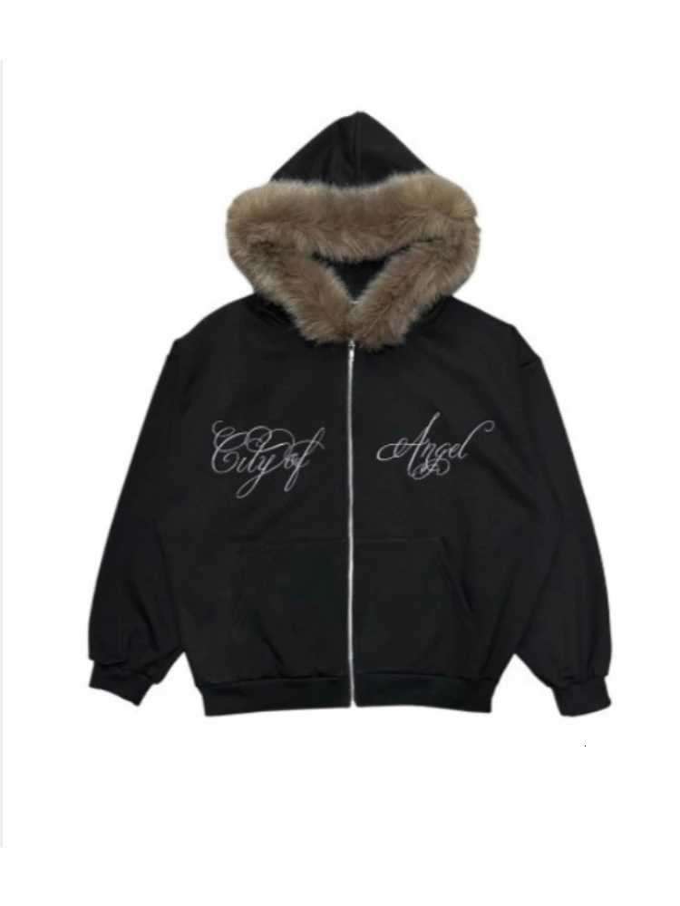 style winter strt fashion trend wool collar printed letter zipper cardigan sweatshirt long slved hooded sweatshirt Y2K X251218 - view 4