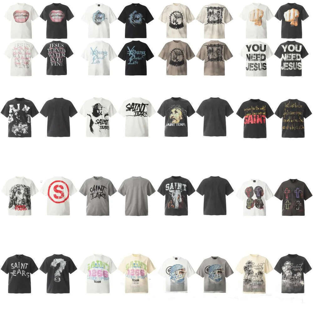 Saint Michaels Vintage Designer High Street Fashion High Quality Washed Retro Jesus Short Sleeved T-Shirt Trendy Brand Men And Women American Round Neck 76E