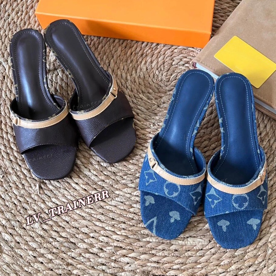 Designer Pink Denim Heels Slippers Sandals LABUBU Womens Denim heel Slides Blue Mule Woman Revival Leather Heel Kitten Heel Beach casual Sliders Takashi Murakami