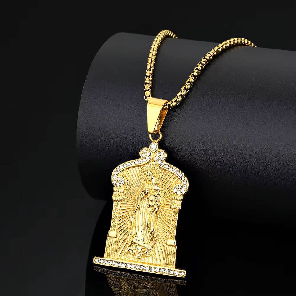 14K gold original designer-made religious jewelry of the Virgin Mary; moissanite 14K gold pendant