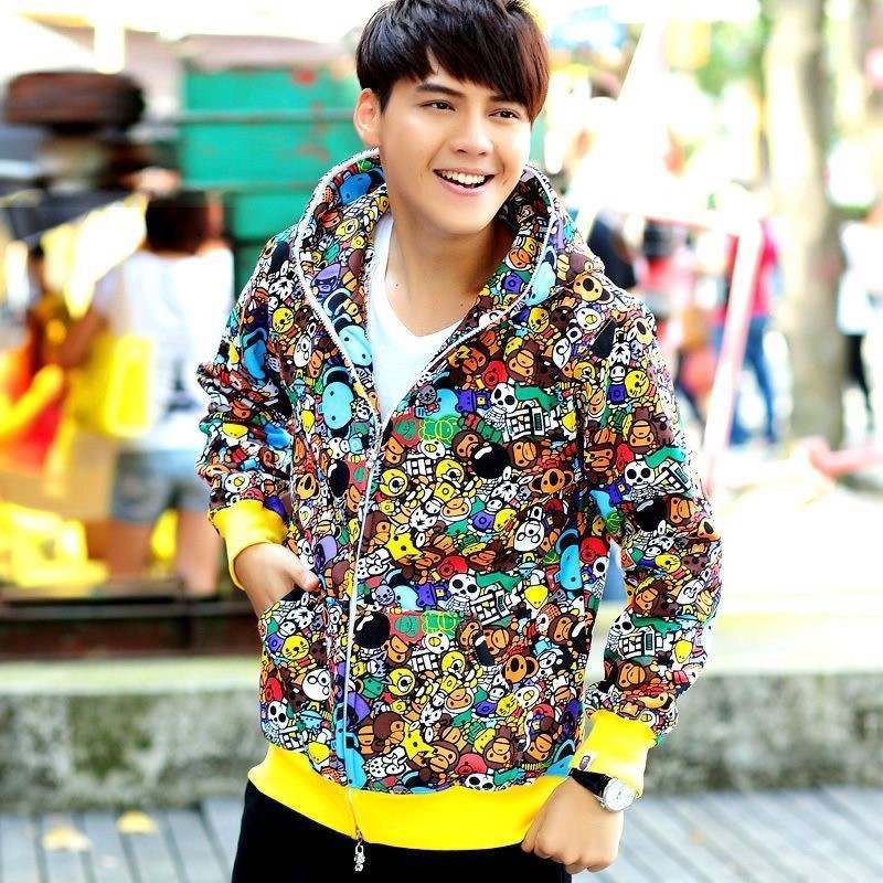 Fashion Men's Streetwear Hoodie Jacket All Over Cartoon Pattern Print Zip Up Hooded Outerwear Casual Loose Fit Long Sleeve Coat for Spring Autumn