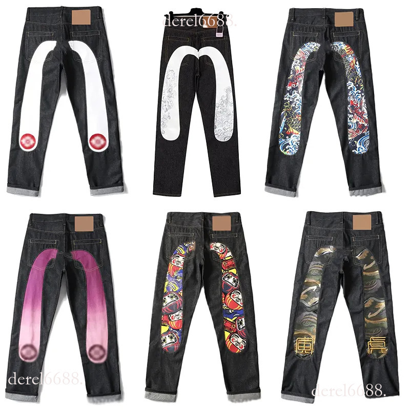 Mens Japanese Fashion evisuly jeans with Embroidery evi jeans Men Retro mens Trousers Hipster Style Slim Fit Straight Leg Denim Jeans Pants for Casual Wear size S/XXL