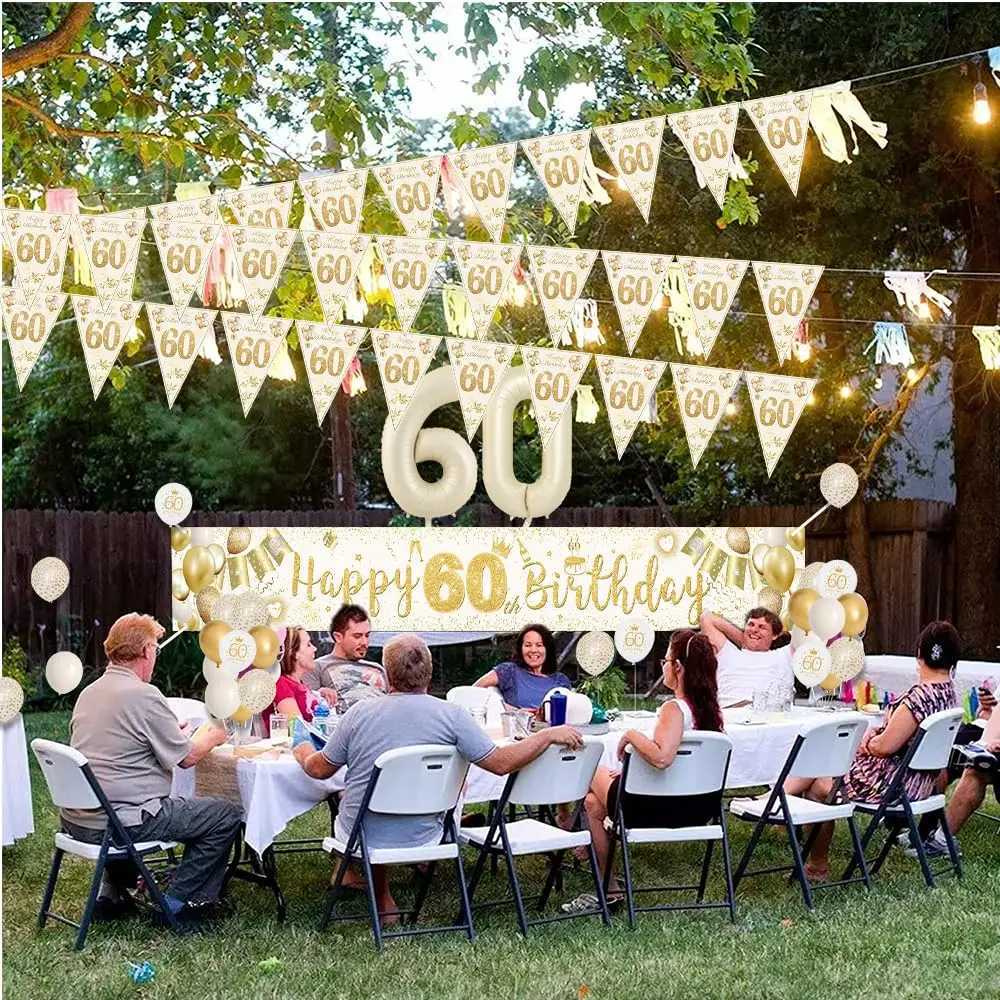 60th Birthday Decorations for Women Men 60th Birthday Decoration Kit with Sand White Gold Happy 60th Birthday Banner White Gold X251218 - view 6