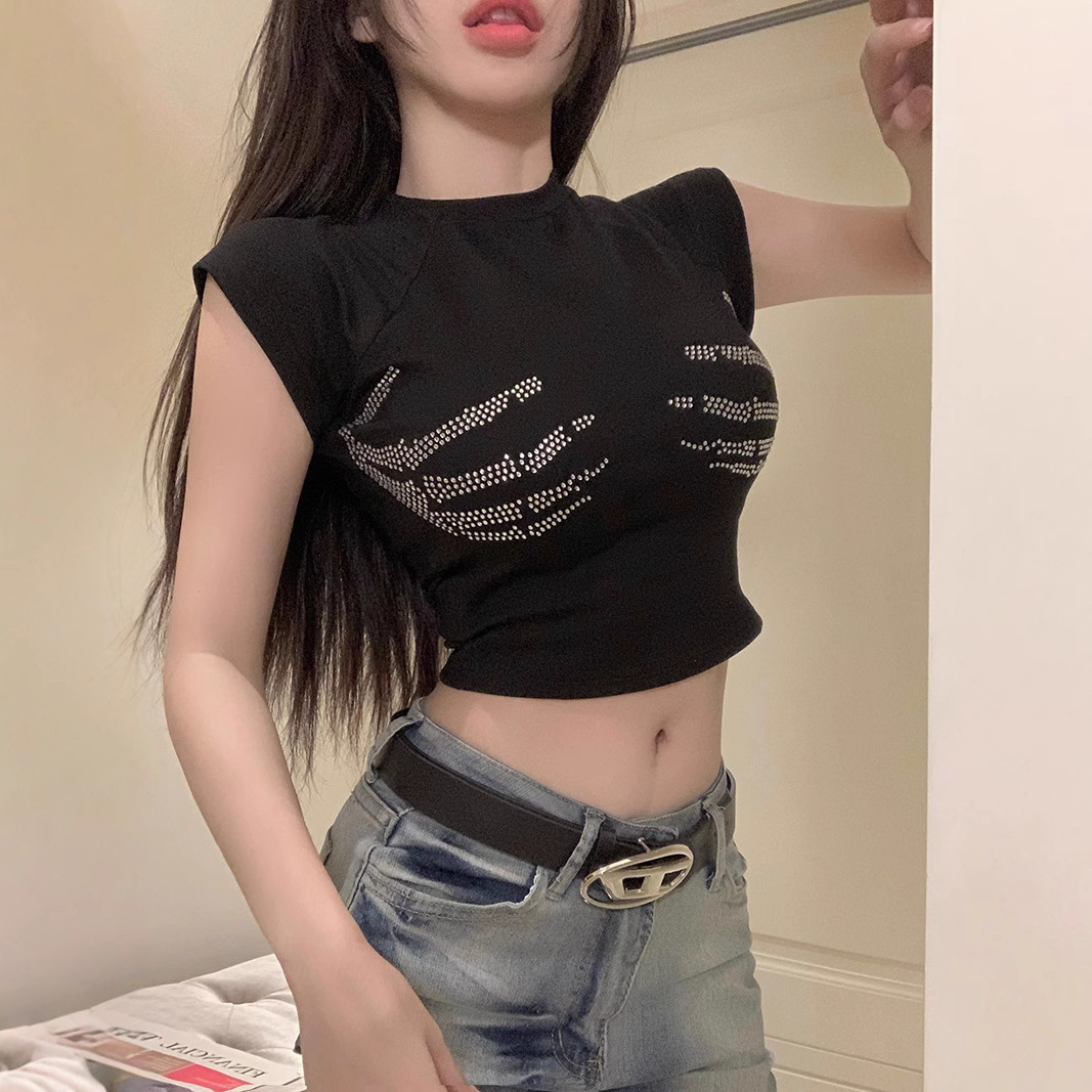Spicy Girl High Street Rhinestone Short Sleeve T-Shirt Women Summer Sexy Petite Casual Versatile Tight Short Crop Top 210524