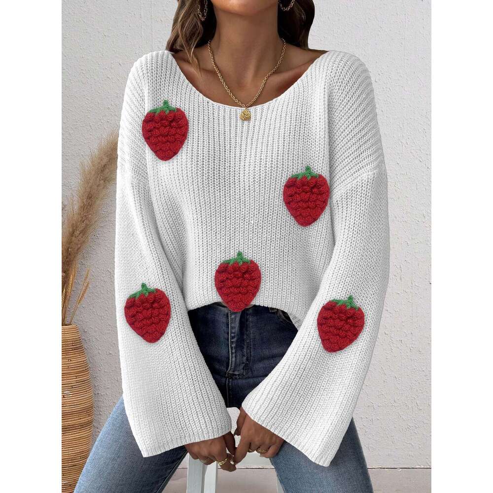 Designer Women's Pullover Cross-Border European And American Fashion Strawberry 3D Patchwork Loose Off-Shoulder Bell Sleeve Sweater 358d 56d8