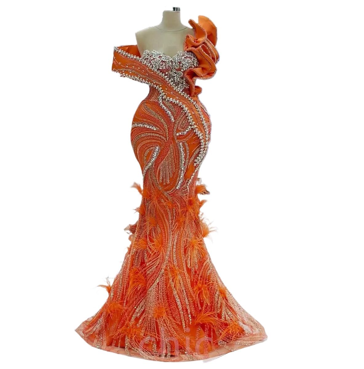 Aso Ebi 2026 Orange Mermaid Prom Dresses Rhinestones Feather Sequined Lace Evening Gowns Robe De Soiree Mariee Luxe 1205 D0330