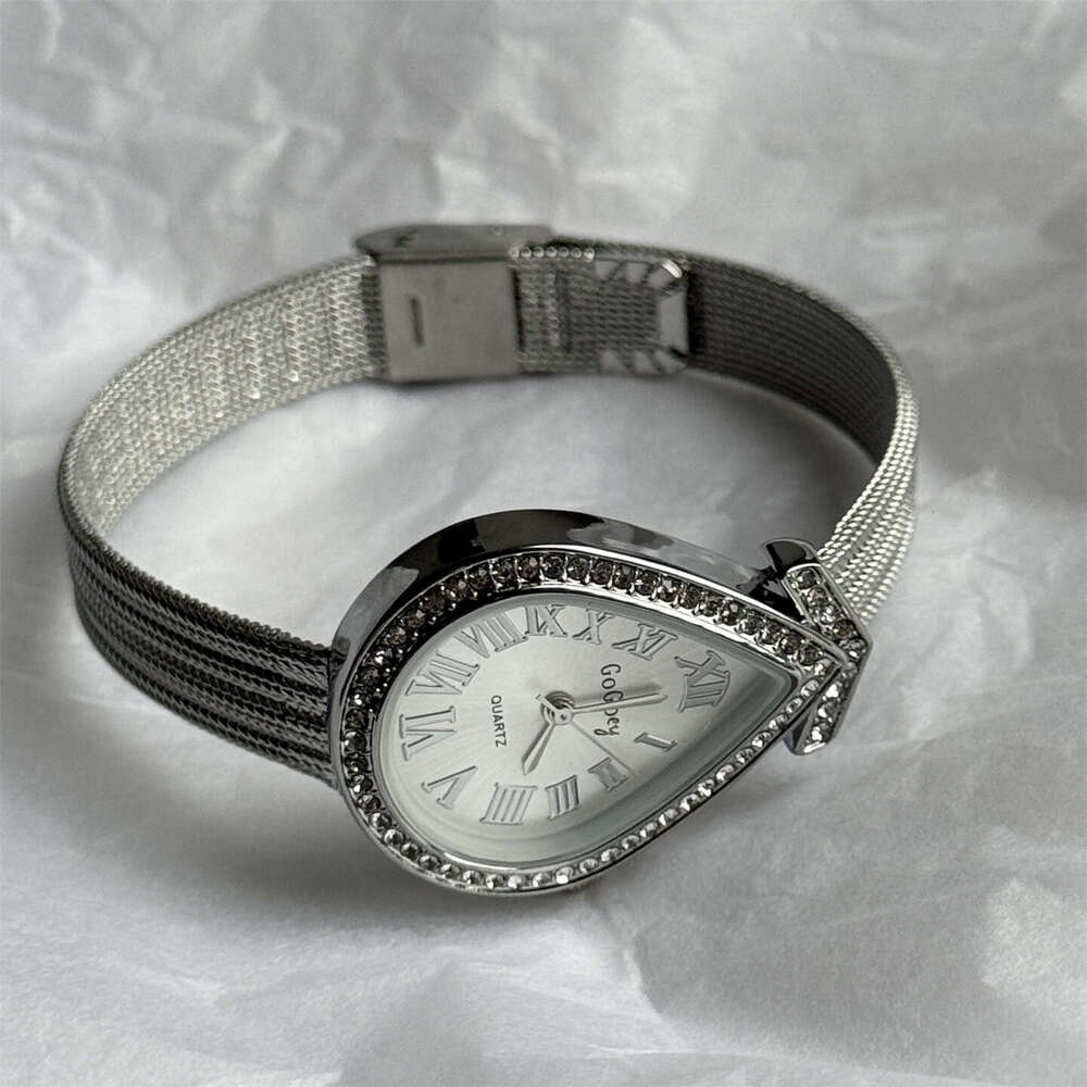 watch Niche Vintage Gold Plated Diamond Studded Fashion Light Luxury Women's Quartz Watch Roman Numerals Water Drop Shape Wristwatch