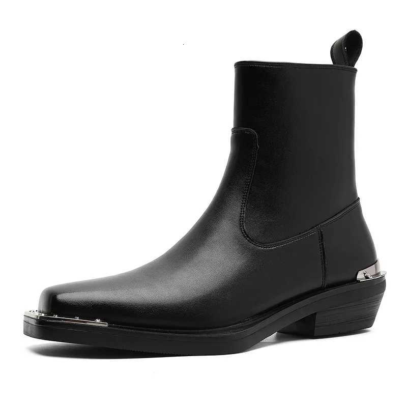 men fashion punk rock genuine leather boots designer square toe shoes cowboy cool high boot black brown long chelsea botas male Z251218