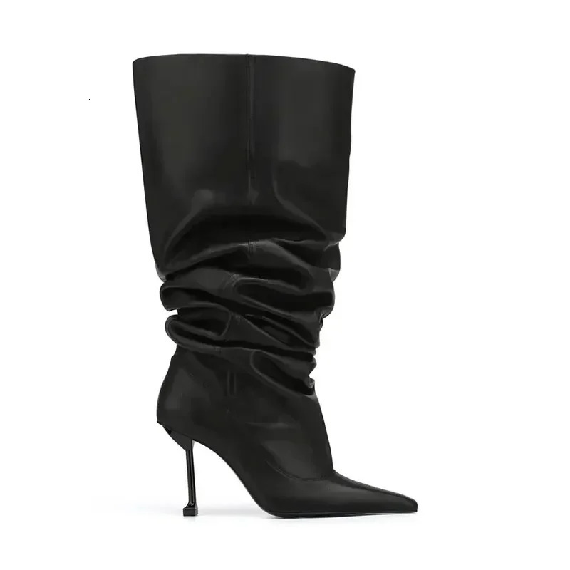 Autumn and Winter Slim Fit High Heels Knee High Pleated Womens Boots Fashionable Pointed Sleeves Womens Mid Length Boots 251217