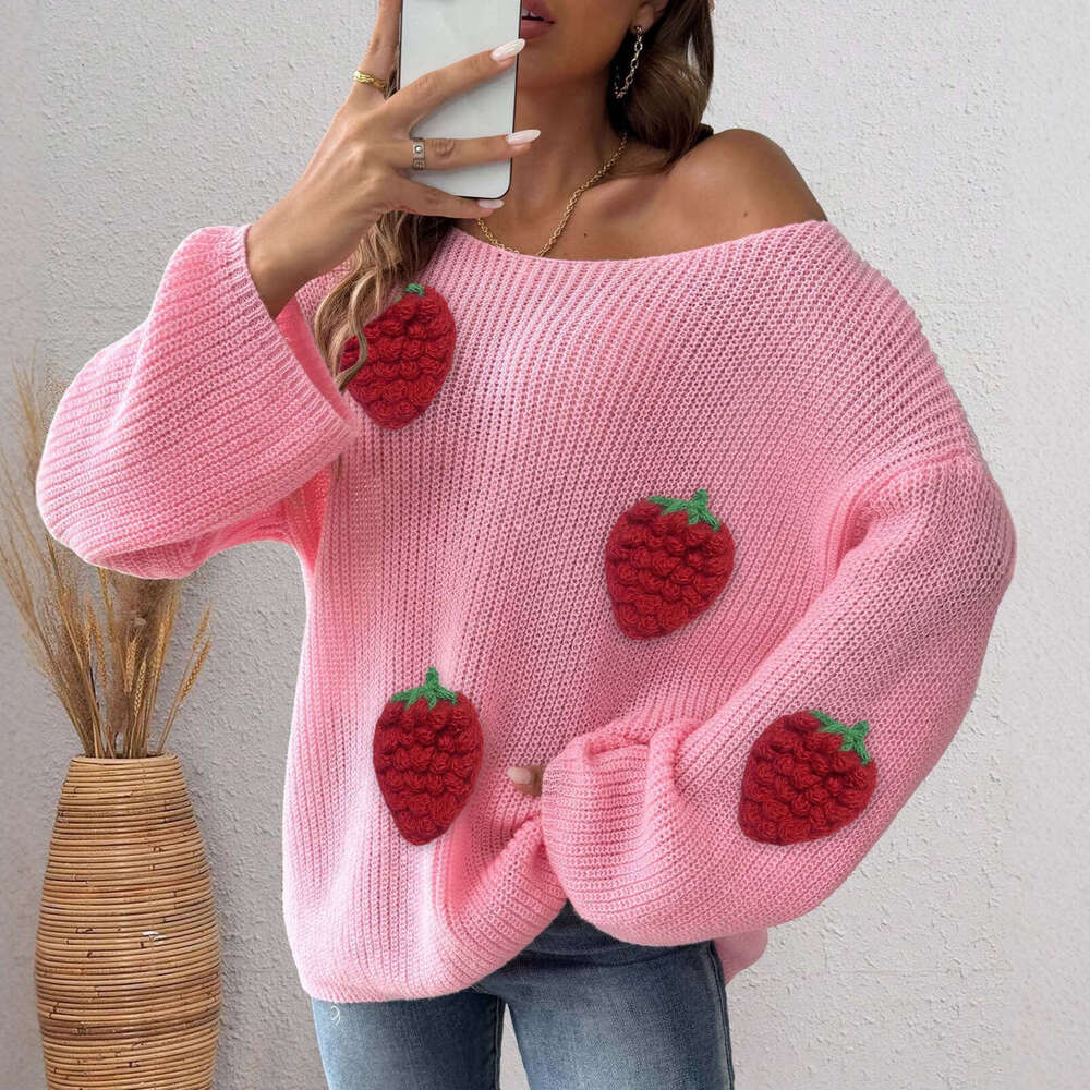 Designer Women's Pullover Cross-Border European And American Fashion Strawberry 3D Patchwork Loose Off-Shoulder Bell Sleeve Sweater 358d 56d8