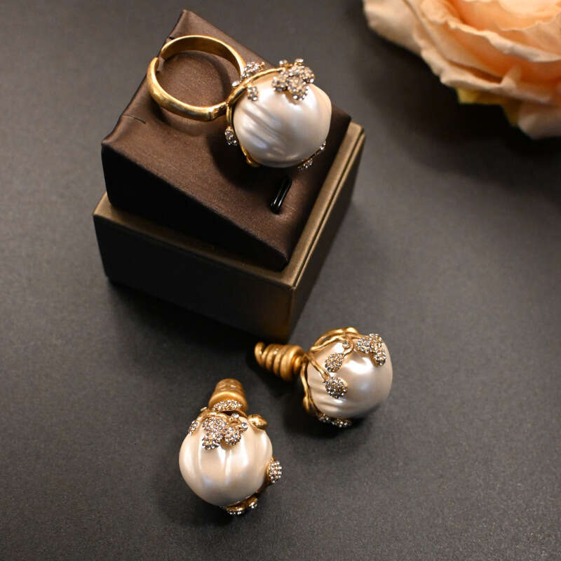 2026 Vintage Baroque Pearl Bud Earrings Ring Set: 18K Gold-Plated Brass + Crystal, High-Quality Budget-Friendly Daily Wear & Ideal Valentine's Gi