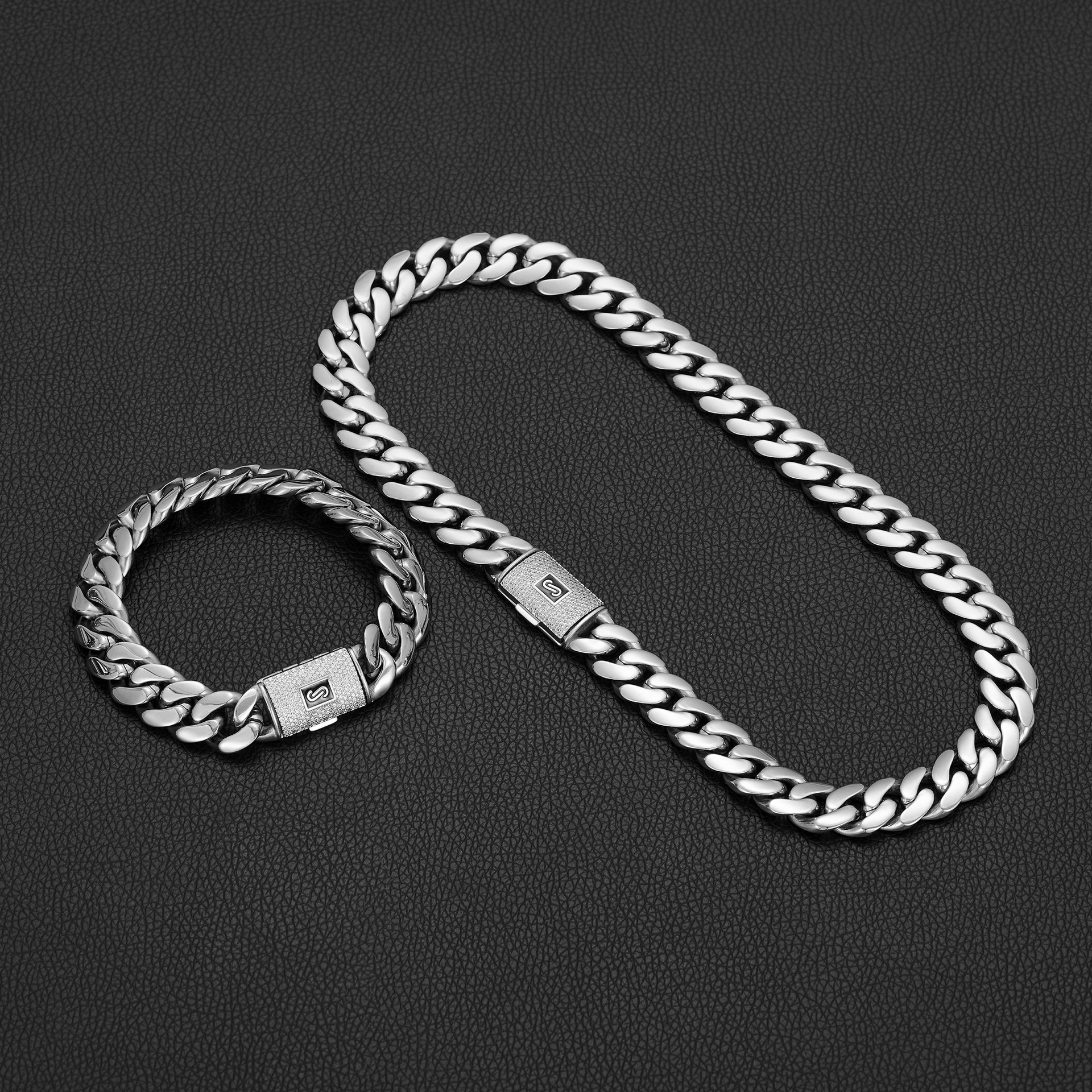 14mm Hip Hop Stainless Steel Cuban Chain Necklace Bracelet S Mark Full 5A Zircons Brass Clasp Jewelry Silver Color