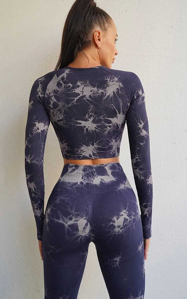 2023 New Die Dye Color Woman Sports Set Long Sleeves Tshirt Crop Top High Waist Hip Lifted Yoga Leggings Workout Outfits 2pcst251219