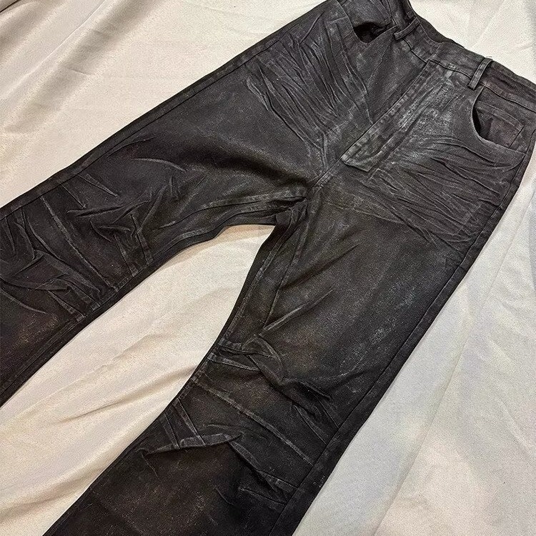 Dark Niche Handmade Wax Coated Washed Flared Jeans with FloorLength Feel Double Knee Pleats and Distressed Finish 251009