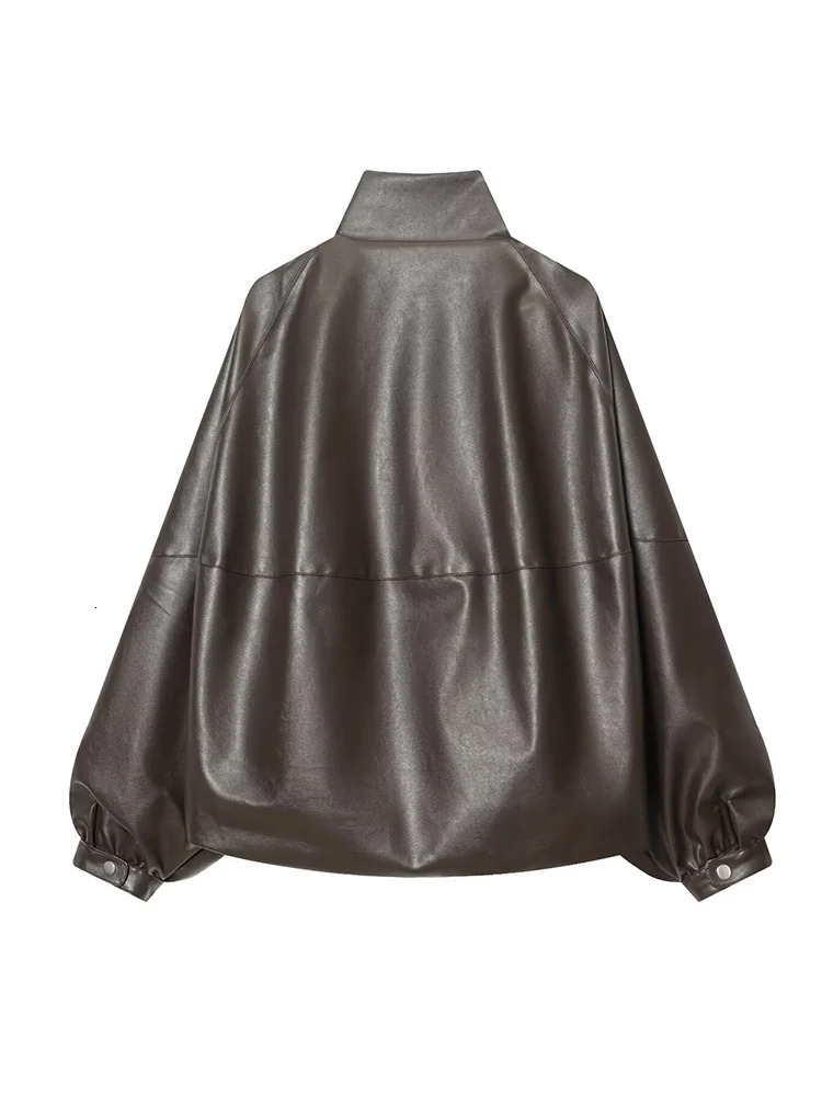 Women Vintage PU Leather Bomber Jackets Autumn Zipper Stand Collar Long Sleeve Pocket Coat Casual Ladies Loose Streetwear 251205