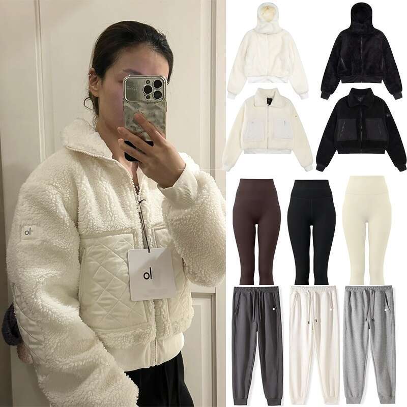 Yogas Alonessities Jacket Women Clothes Set Lamb Fleece Stand Up Collar Hoodie Thick Warm Jackets Pants High Waist Elastic Leggings Alonessities Sets Women Coat