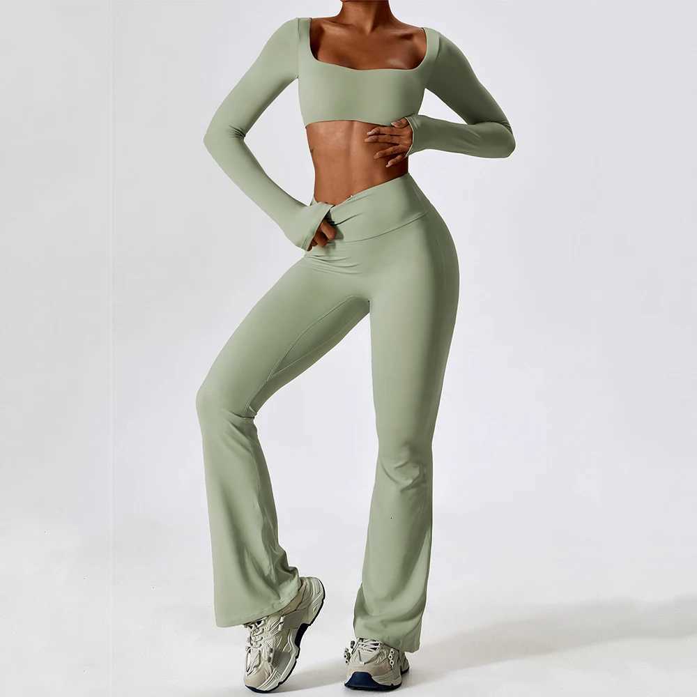 2PCS Yoga Suit Woman Sportswear Gym Flared Pant Running Workout High End Standing Collar Long Sleeve Yoga Clothing Sports Sett251219