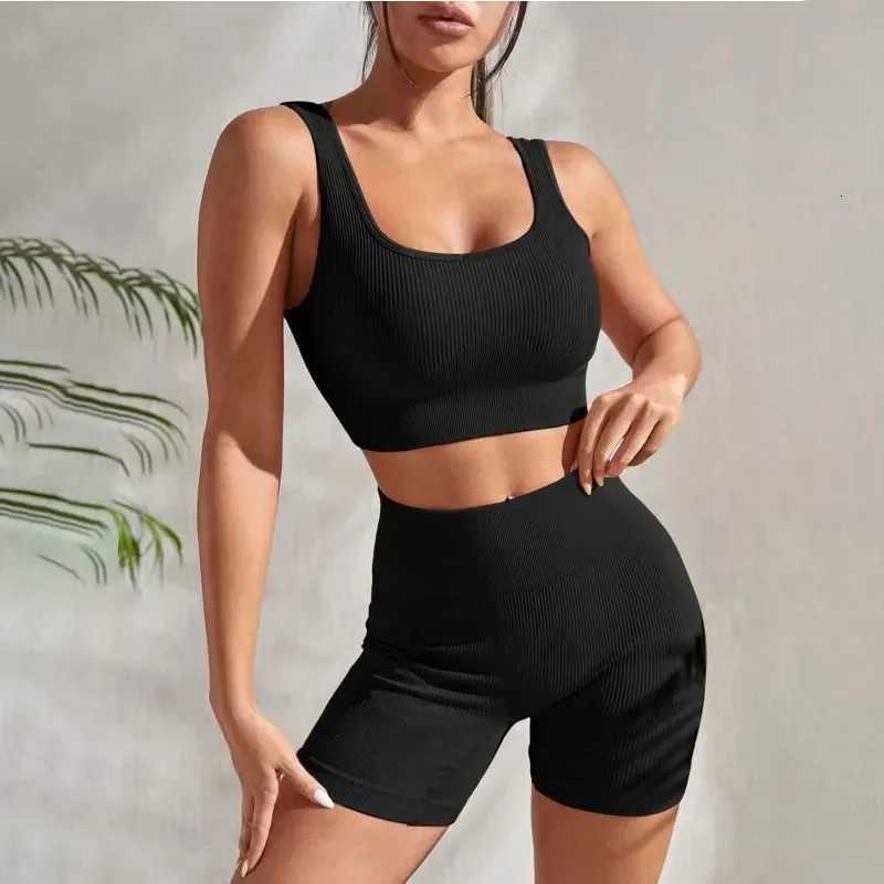 Womens 2-Piece Ribbed Seamless Breathable Sports Strap Vest High-Waisted Shorts Tracksuitt251219