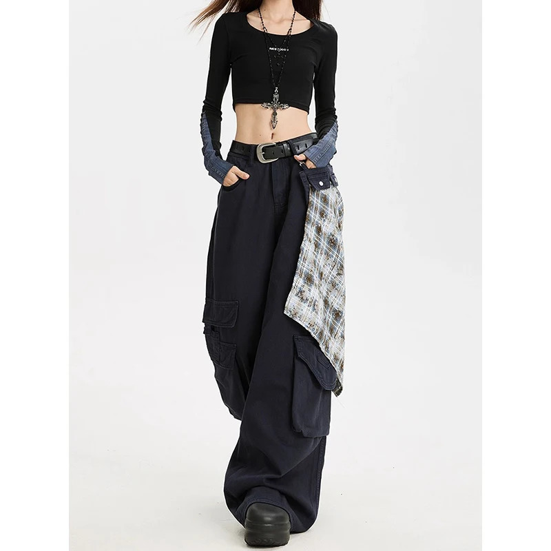 ZHIZOU Women Black Baggy Y2k Cargo Jeans Japanese 2000s Style High Waist Jean Pants Vintage Harajuku Oversize Denim Trousers Z260314