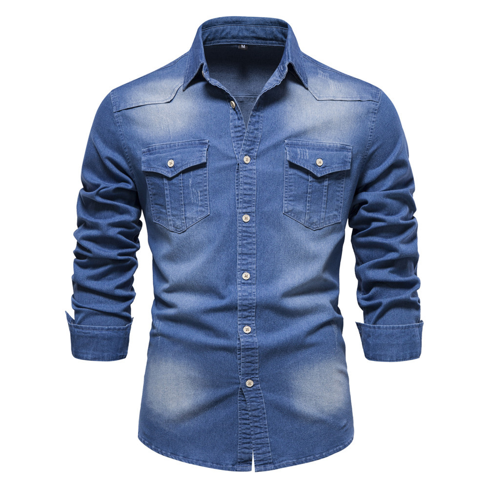 WOZK Men's autumn and winter European denim shirt, men's casual solid color denim long sleeved shirt, denim fabric inner top