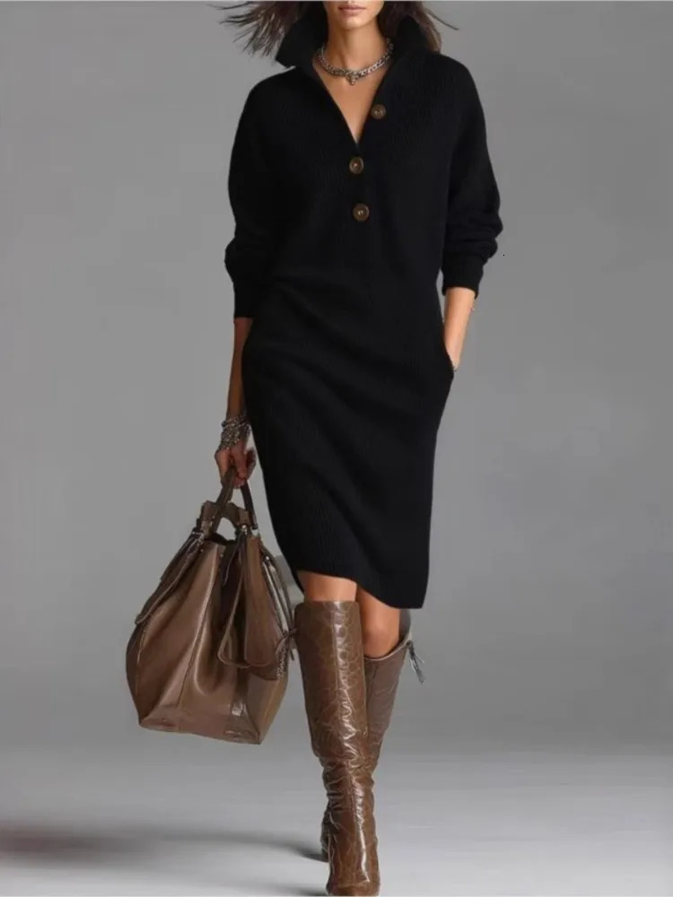 Solid Knitted Midi Dress For Woman Spring Fashion Button Halfopen High Neck Loose Dresses Ladies Autumn Leisure Warm Vestidos 251217
