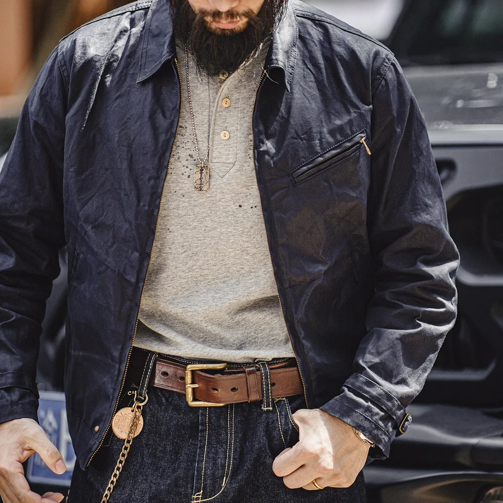 Maden Mens Vintage IV Oil Waxed Canvas Jacket Lapel Zipper Short Outerwear Classic Slim Fit for Spring and Fall 251219