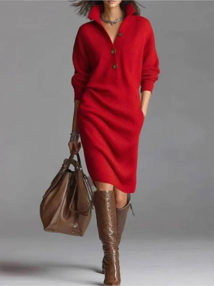 Solid Knitted Midi Dress For Woman Spring Fashion Button Halfopen High Neck Loose Dresses Ladies Autumn Leisure Warm Vestidos 251217