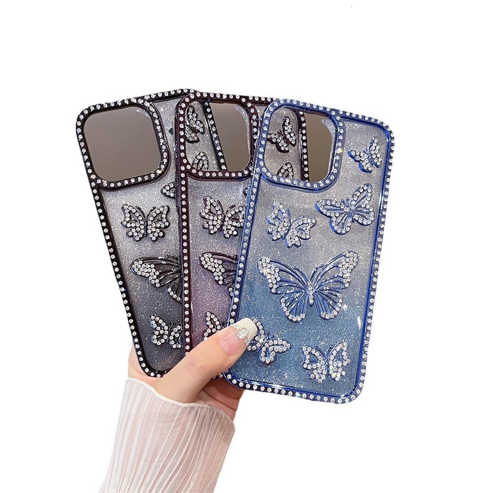 iPhone 17 Electroplated 3D Butterfly Rhinestone Phone Case Compatible with Apple 16 Pro Max Gradient Glitter 15 Cross-border