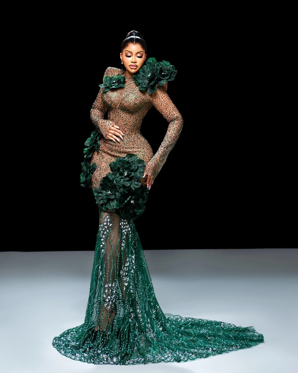 Aso Ebi Dark Green Mermaid Prom Dresses Lace Evening Gowns with Flowers and Crystals - Plus Size Robe de Soiree Mariee Luxe ZD19