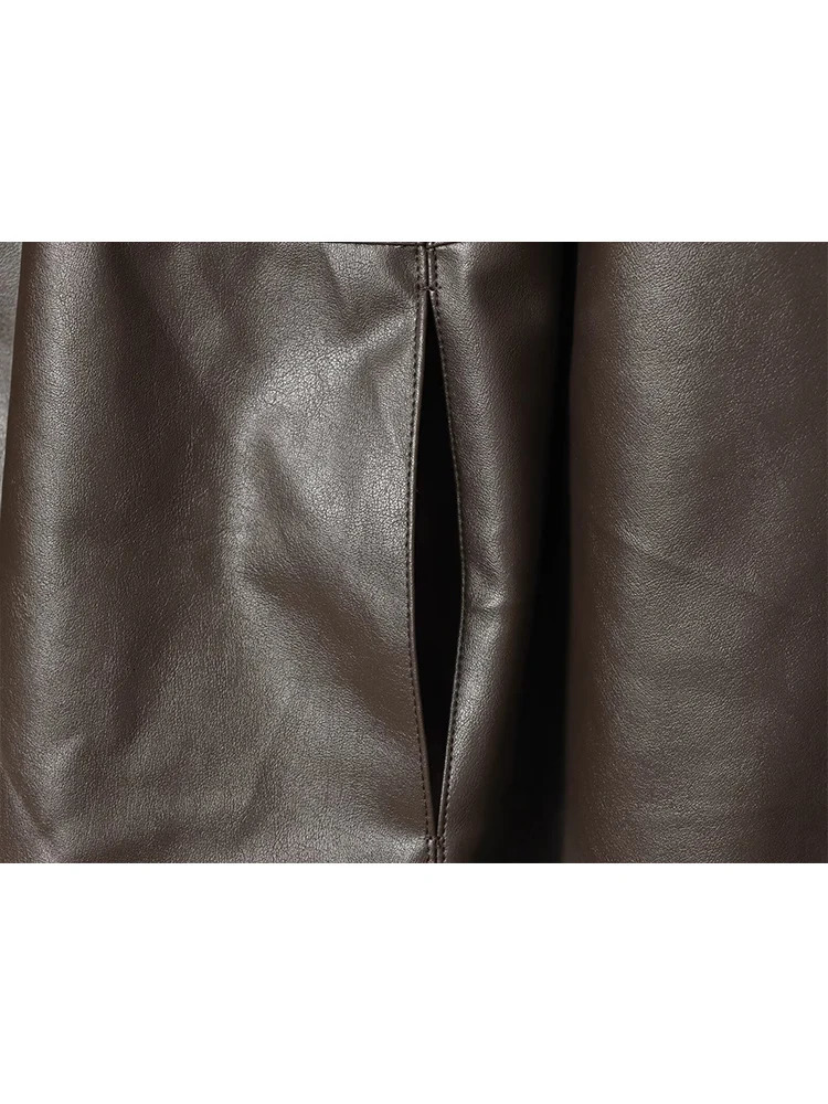 Women Vintage PU Leather Bomber Jackets Autumn Zipper Stand Collar Long Sleeve Pocket Coat Casual Ladies Loose Streetwear 251205