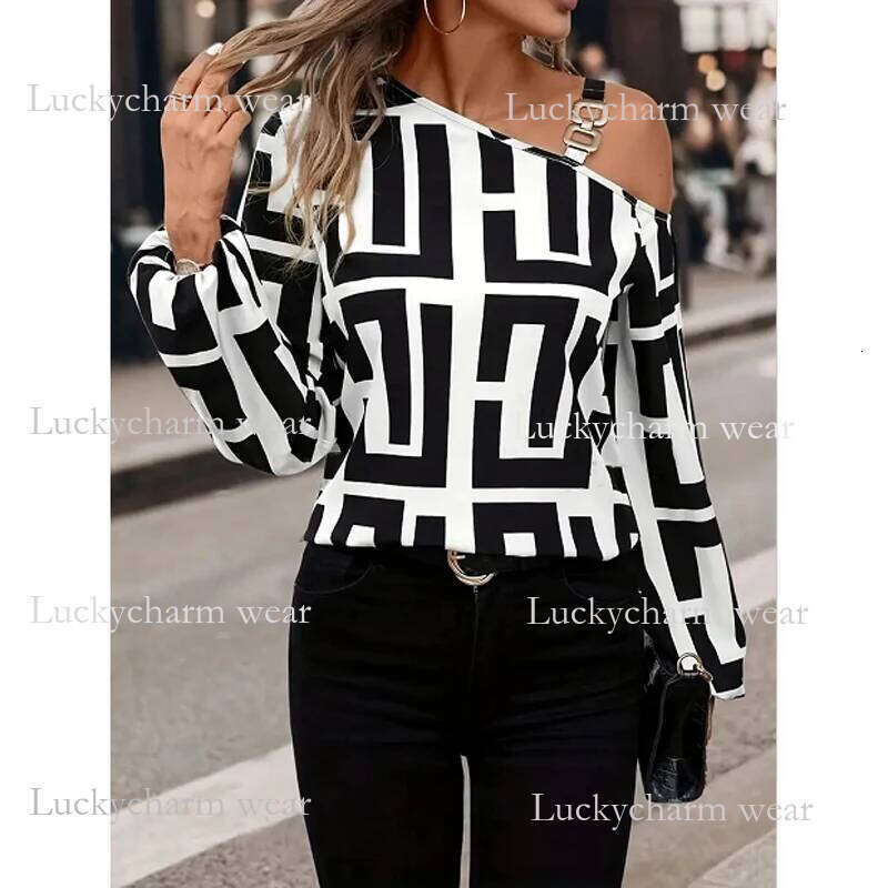 Elegant Geometric Printed Women's Blouse Spring 2025 New Product Slant Neck Off Shoulder Long Sleeve Hoodie Casual Shirt Ladies